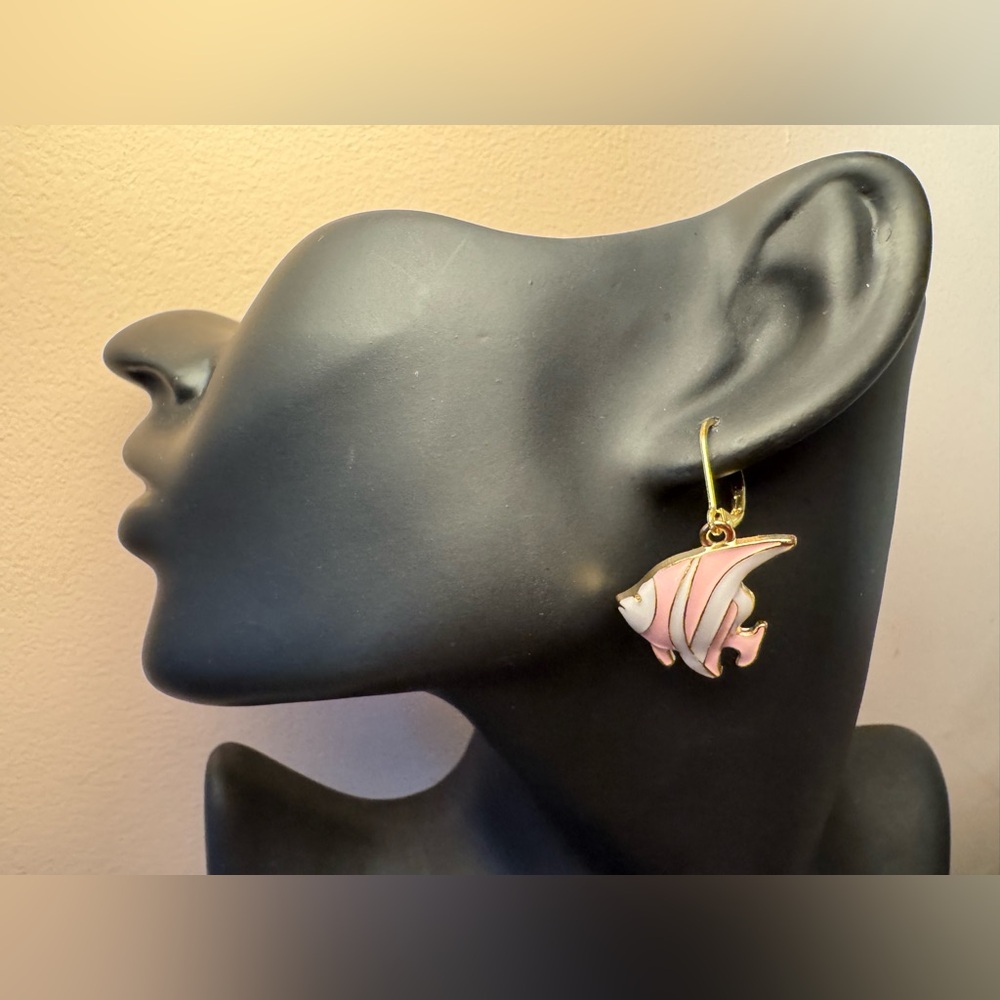 Pink and Gold Fish Charm on 24k Gold Plated Lever back Earring Hooks.